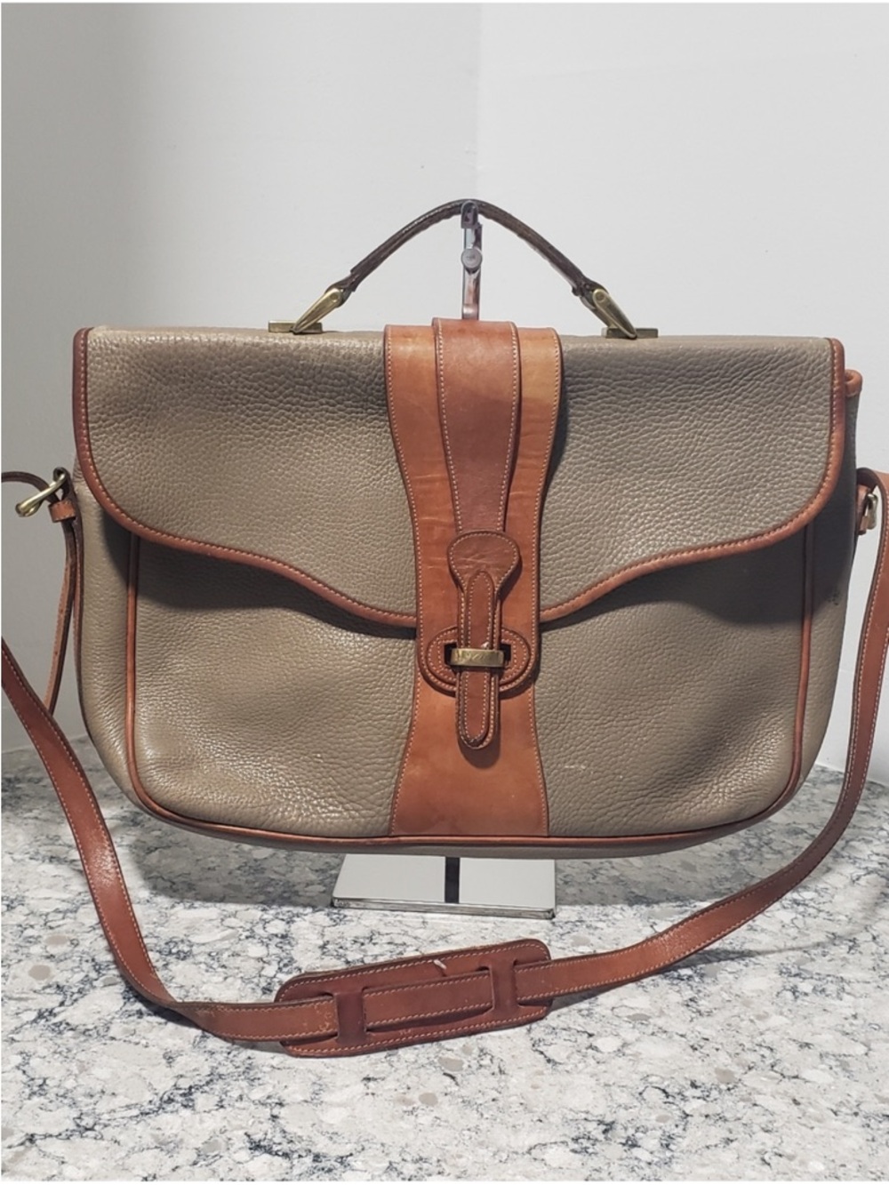 Dooney & Bourke Vintage Allweatger Taupe and Tan Two-Tone Leather Briefcase